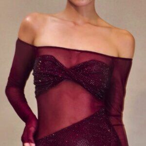 MESHKI - NASH - DIAMANTE OFF SHOULDER MAXI DRESS - MAHOGANY - XXS